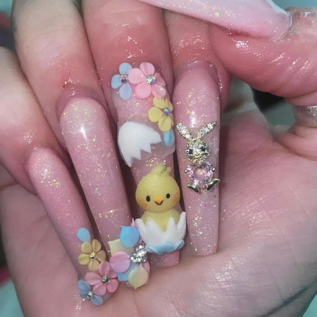 3D Acrylic Easter Character : RABIT, Chicken, Bear Nail Art Charms Handmade by Acrylic Powder - 24pcs Flowers Nail Rhinestones Kit 3D Nails Design Acrylic Nail Art for Women (Easter Nails)