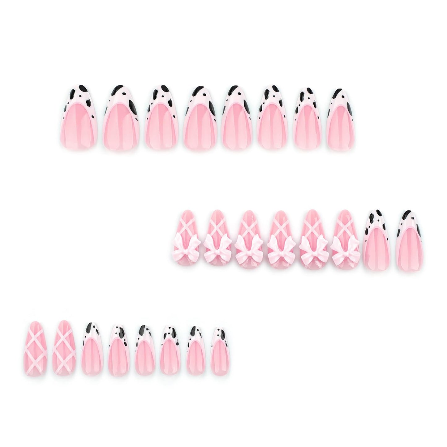 24 Pcs Pink Almond Press on Nails Short Medium Fake Nails with Glue, Reusable Press on Nails Acrylic Artificial Nails, Cute French Tip False Nails with Bow Cow Pattern Design Almond Nails for Women