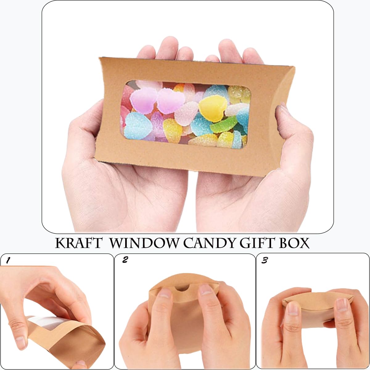 80 Pcs Pillow Gift Boxes with Windows,Kraft Paper Mini Pillow Packaging Box, Creative Favor Box Folding Treat Boxes with Clear Window for Bakery Candy Chocolate Jewelry Display Wedding Party Favor
