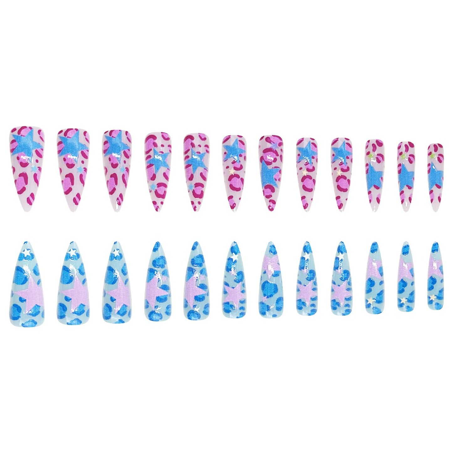 Long Stiletto Press On Nails Y2k Fake Nails Star With Leopard Print Design Pink Blue False Nails Full Cover Reusable Artificial Glossy Acrylic Nail Cute Stick On Nail For Women Manicure Art 24pcs
