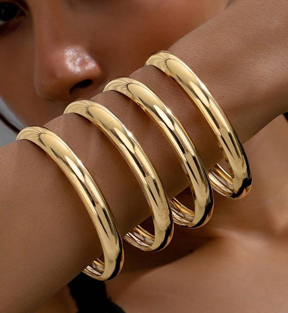 Thin Gold Bangle Bracelets for Women, Dainty 14k Gold Plated Big Stackable Bangles Set, Trendy African Bracelet Stack Fashion Jewelry Gifts (5 Gold african bangles)