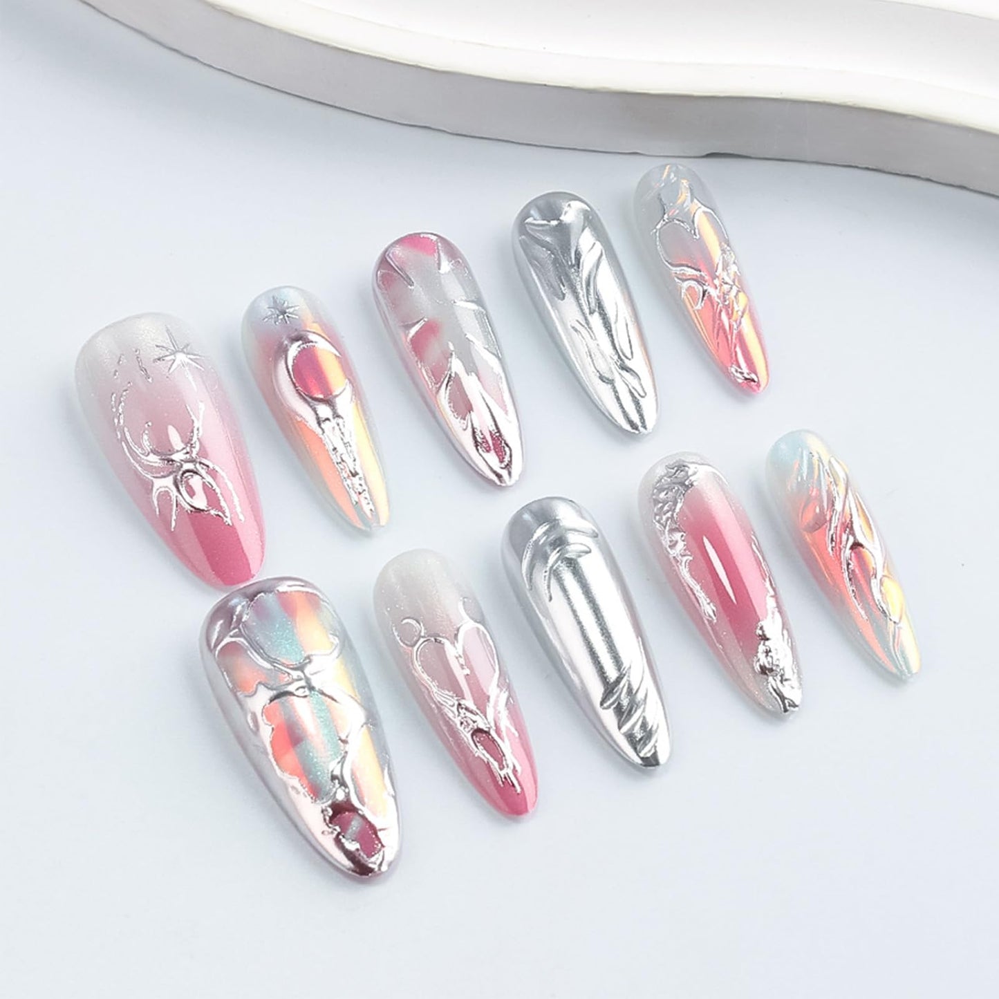 30 Pcs 3D Love Heart Press on Nails Stars Acrylic Fake Nail Moon Gel Glue on Nail Valentines Almond Medium False Nails Glossy Pink Glitter Gradient Stick on Fingernails for Women Valentine's Gift