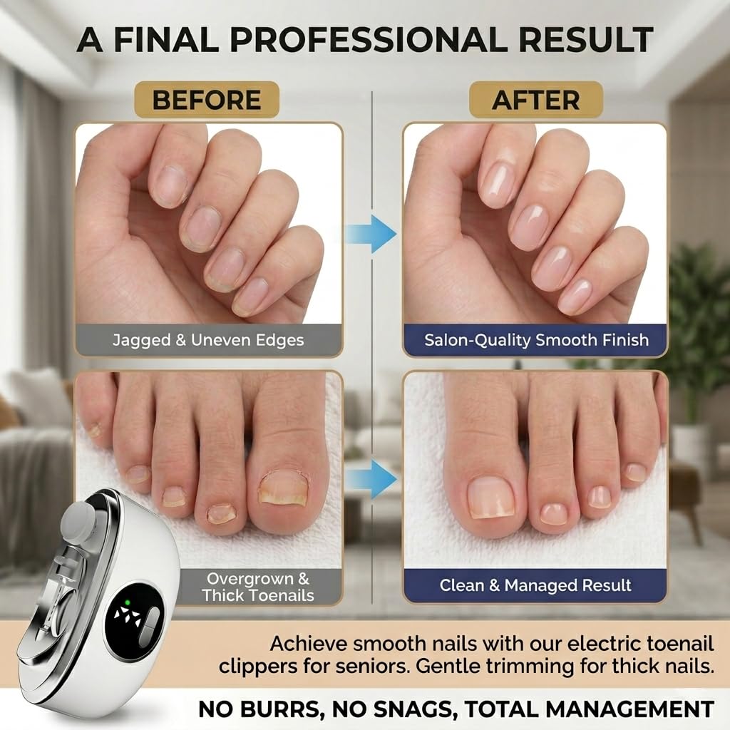 Electric Nail Clipper for Seniors & Adults - Dual-Blade 3-in-1 Automatic Nail Trimmer for Thick Nails with LED Light, Quiet 3-Speed Rechargeable Cutter with Debris Storage
