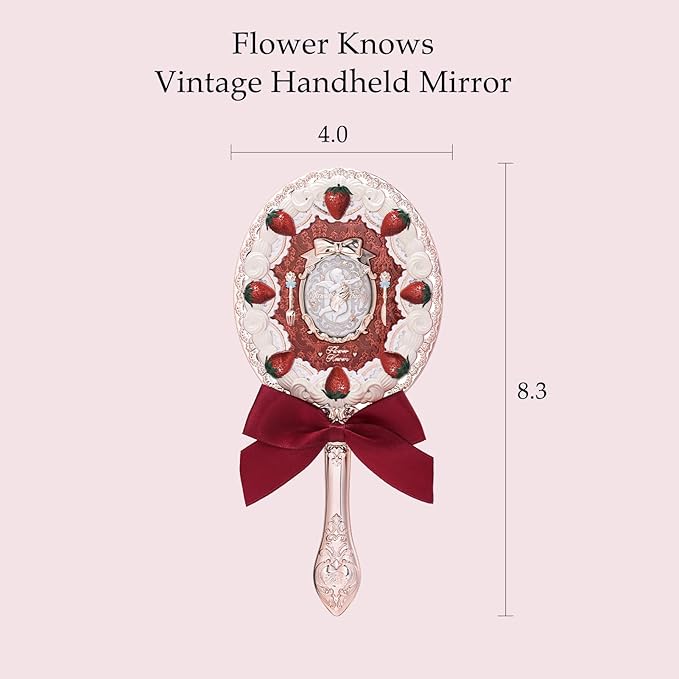 Flower Knows Strawberry Cupid Hand Mirror,Vintage Handheld Mirror,Fancy & Pretty Princess Mirror with Long Handle,Gift for Girls & Women(Red Velvet)