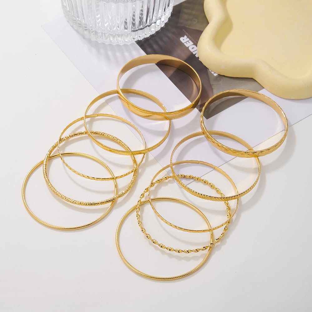 RINTOLER 10Pcs Gold Bangle Bracelets Set for Women - Stackable Textured Ethnic Style Indian Bollywood Bangles Boho Jewelrys for Women.(G set 10pc Gold)