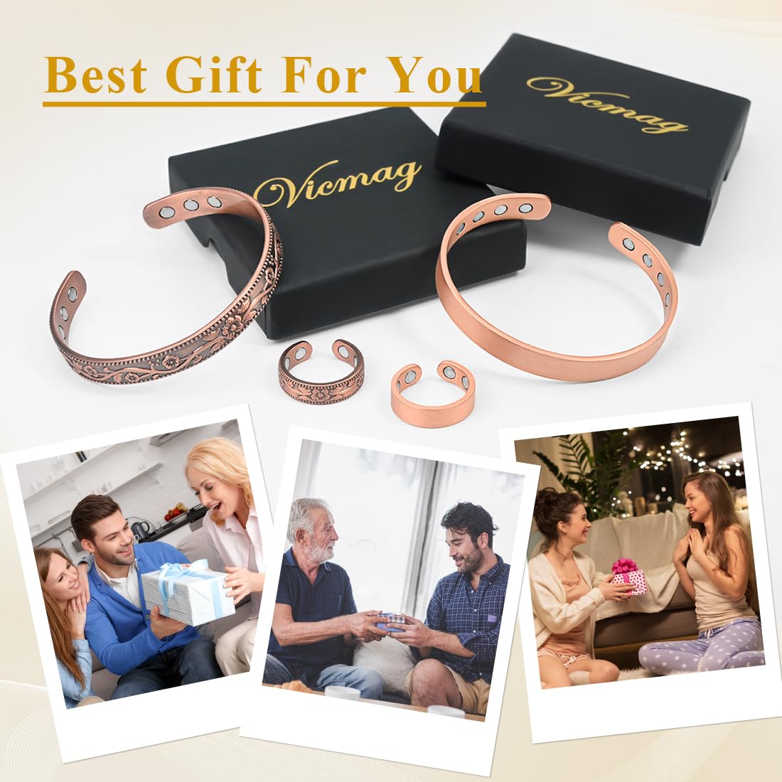 Vicmag 4PCS Copper Magnetic Bracelet Ring for Women Men Magnet 100% Solid Pure Copper Brazalete Gift