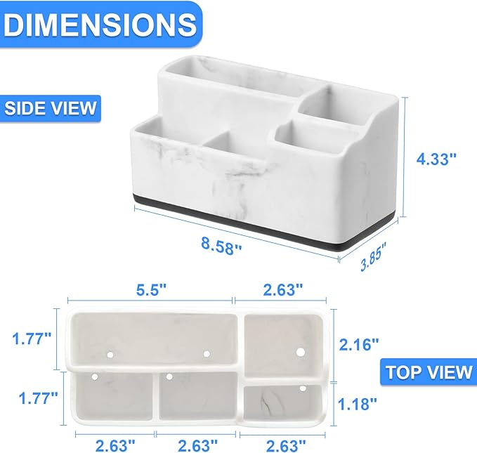 VITVITI Toothbrush Holder for Bathroom, Bathroom Storage Organizer, Small Counter Stand Accessories, for Toothpaste/Vanity Countertop, 5 Compartments Drainage Organization, White Resin of Marble Color