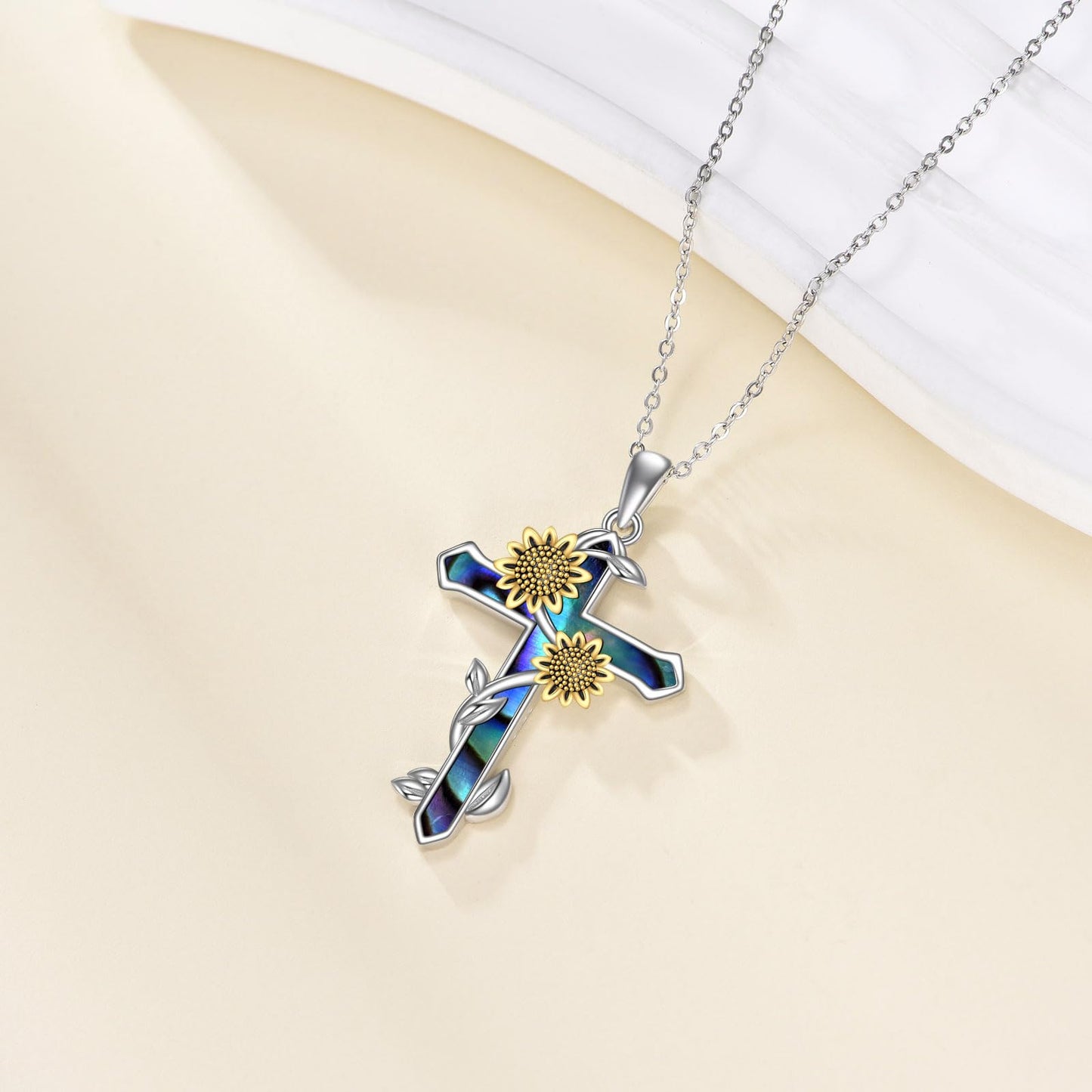 JERWLI Sunflower Cross Necklace S925 Sterling Silver Abalone Shell Sun Flower Cross Pendant Necklaces Faith Jewelry Gifts For Women Female Love Mother