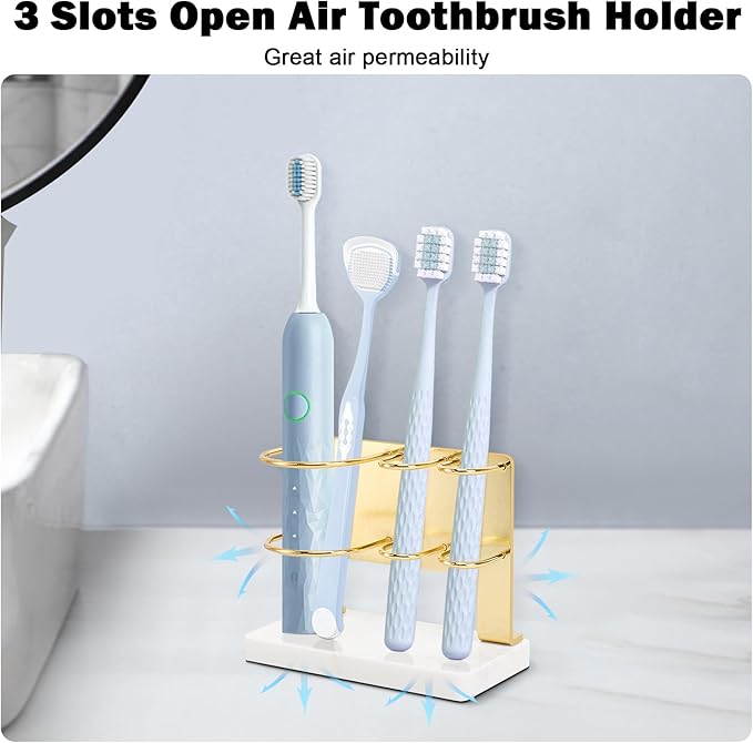 Toothbrush Holder for Bathroom Counter, Metal Toothbrush and Toothpaste Holder Stand with Marble Base for Bath Organizer Countertop, 3 Slots (Gold)
