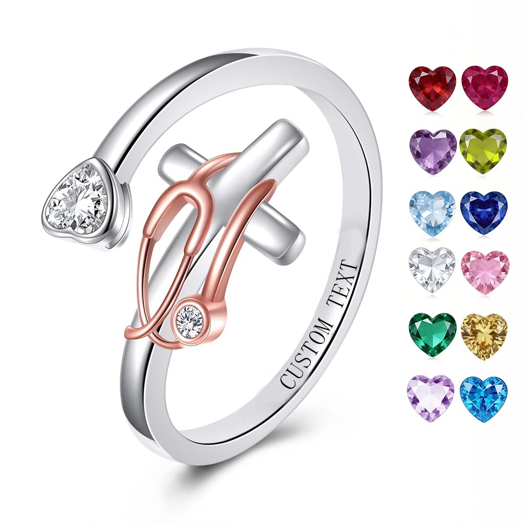 JBAERD Personalized Stethoscope Cross Ring Sterling Silver Adjustable Stethoscope Heart Ring Cross Jewelry Gifts for Women
