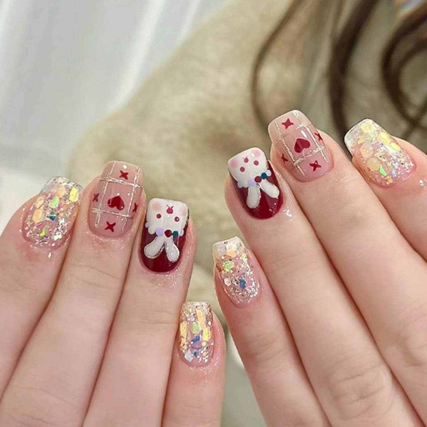 Hkanlre Square Rabbit Press on Nails Short Sequins Tips Full Cover Red False Nails Fake Nails for Women 24PCS