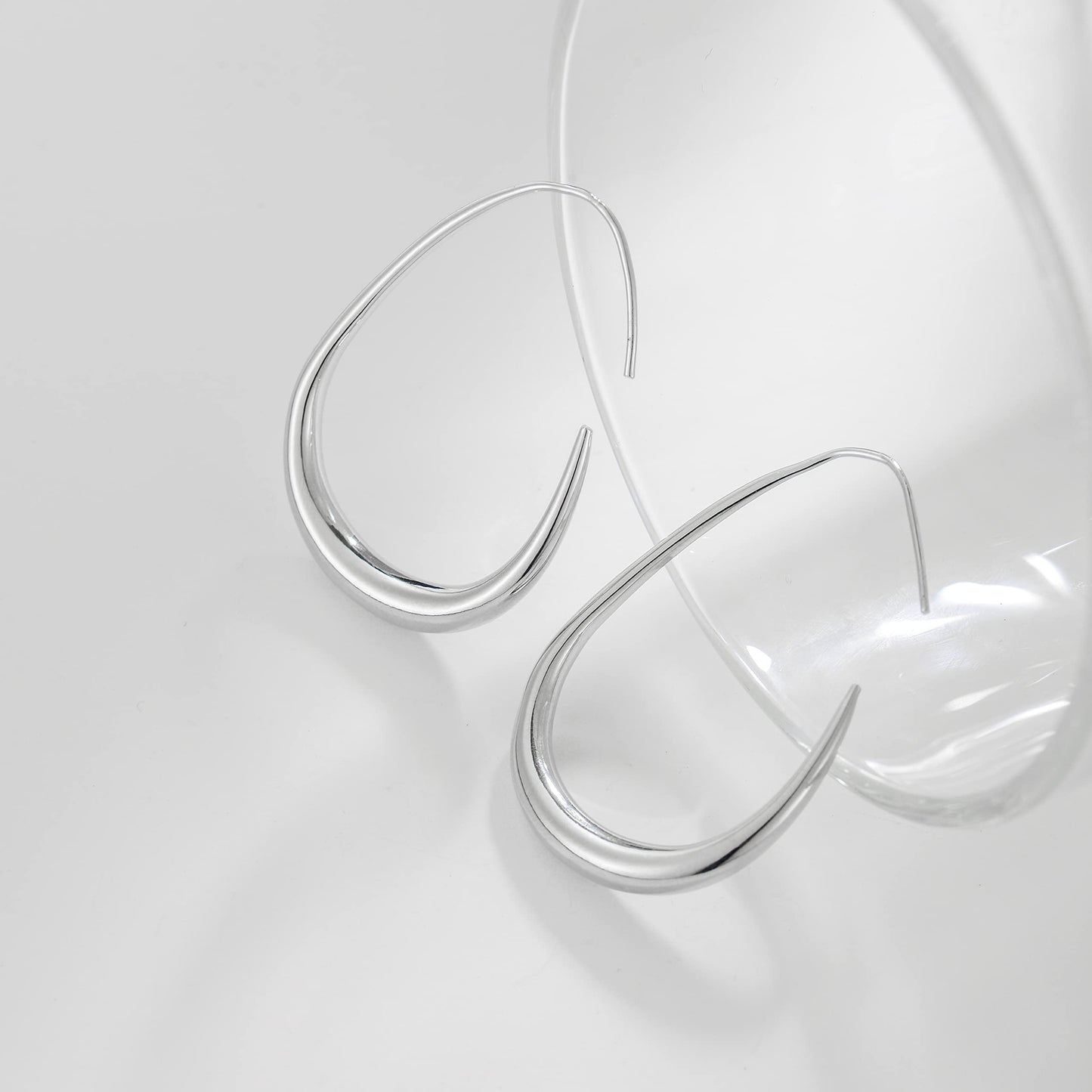 Lightweight Teardrop Hoop Earrings for Women - 14k Gold/White Gold Plated Large Oval Pull Through Hoop Earrings High Polished Statement Jewelry Gift for Women(silver 30 * 18)