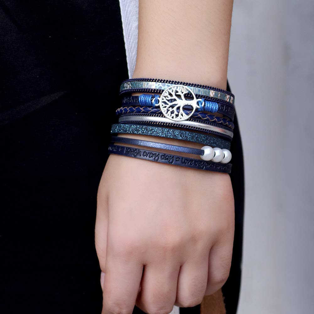Fesciory Leopard Bracelet for Women, Boho Leather Wrap Multi-Layer Pearl Crystal Bracelet Bangle Jewelry(Tree of Life(Blue))