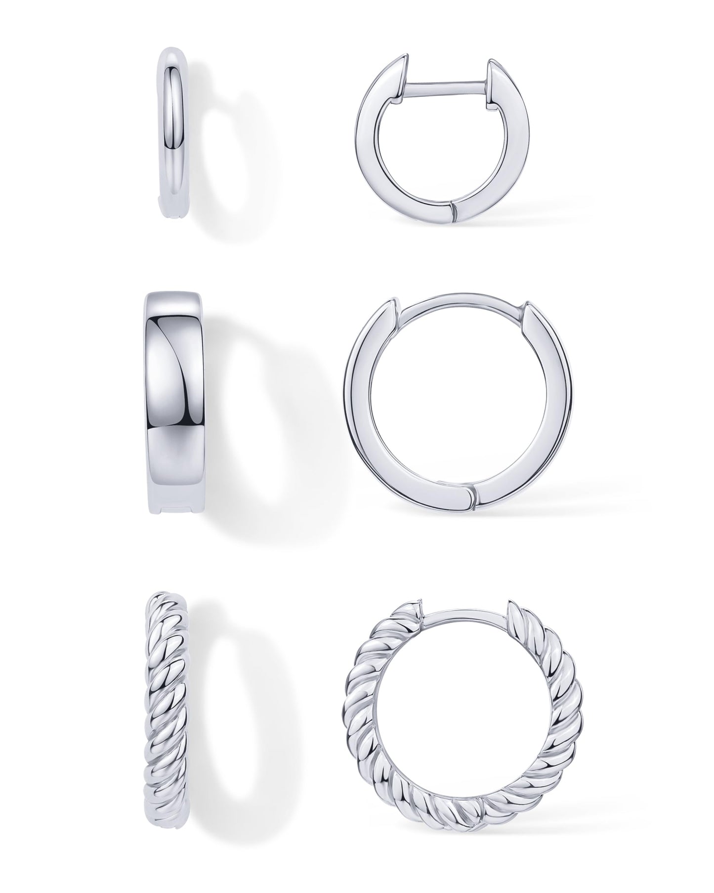 PAVOI Rhodium Plated 925 Sterling Silver Posts 4 Pairs Small Hoop Earrings for Women - Four Gold Earring Set Plain Rope Wide Huggie Hoop Earscape Pack