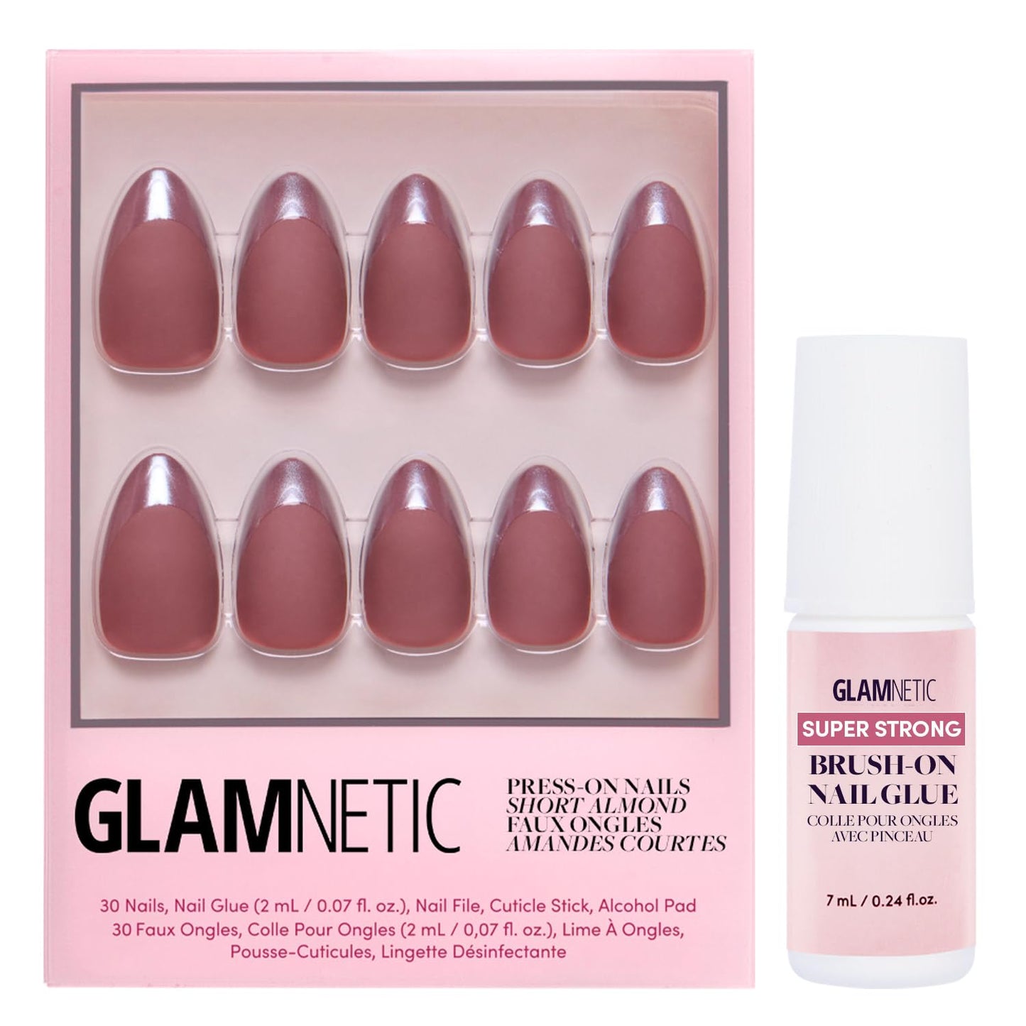 Glamnetic Press On Nails & Brush On Nail Glue Bundle - Terra | Matte Short Almond Brown Nails with Glossy French Tips, Reusable | 15 Sizes - 30 Nail Kit with Glue