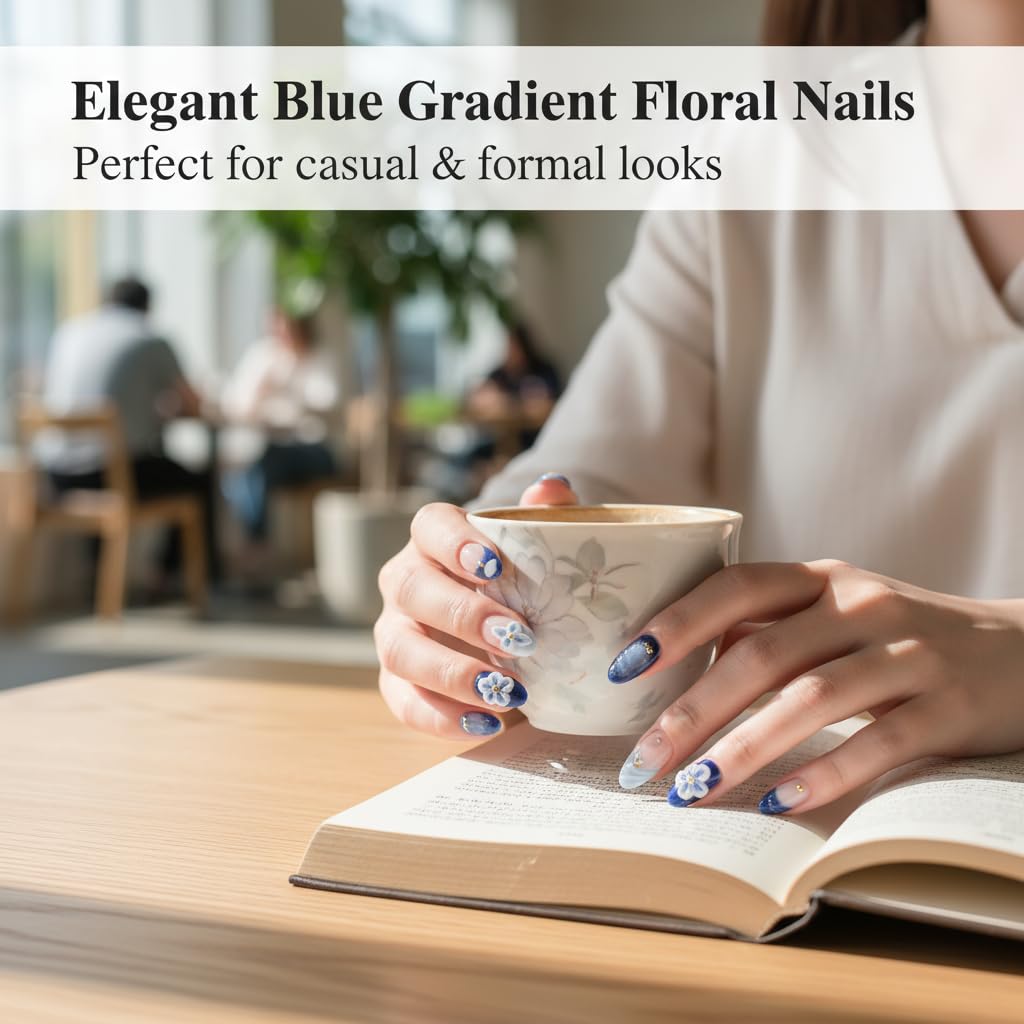 Almond Medium Handmade Press on Nails Fake Nails Blue French Tip with 3D Flower Designs luxury Glossy Cute Acrylic Nails for Women 10pcs (Size M）