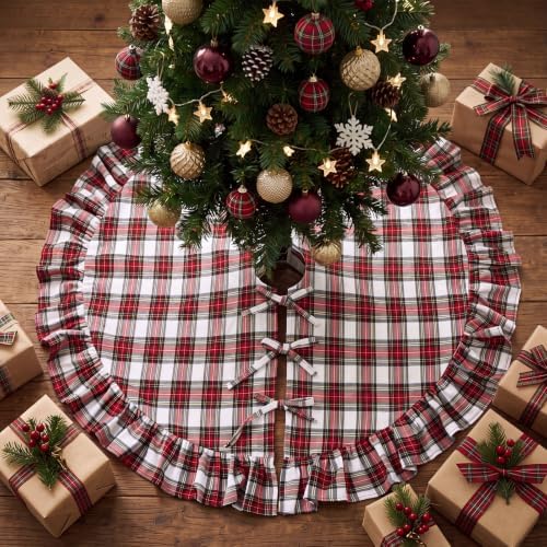 48 Inch Plaid Christmas Tree Skirt with Ruffle, Red White Yellow