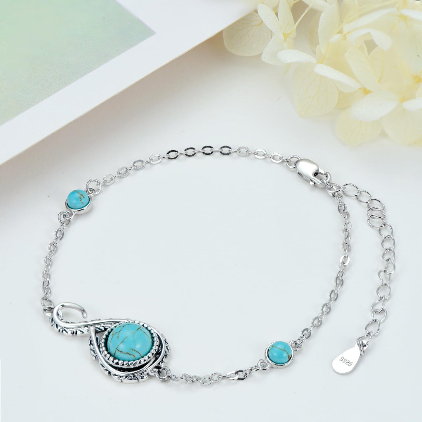 BETHZA Natural Turquoise Bracelet 925 Sterling Silver Real Turquoise Gemstone Adjustable Link Western Boho Jewelry Gifts for Women