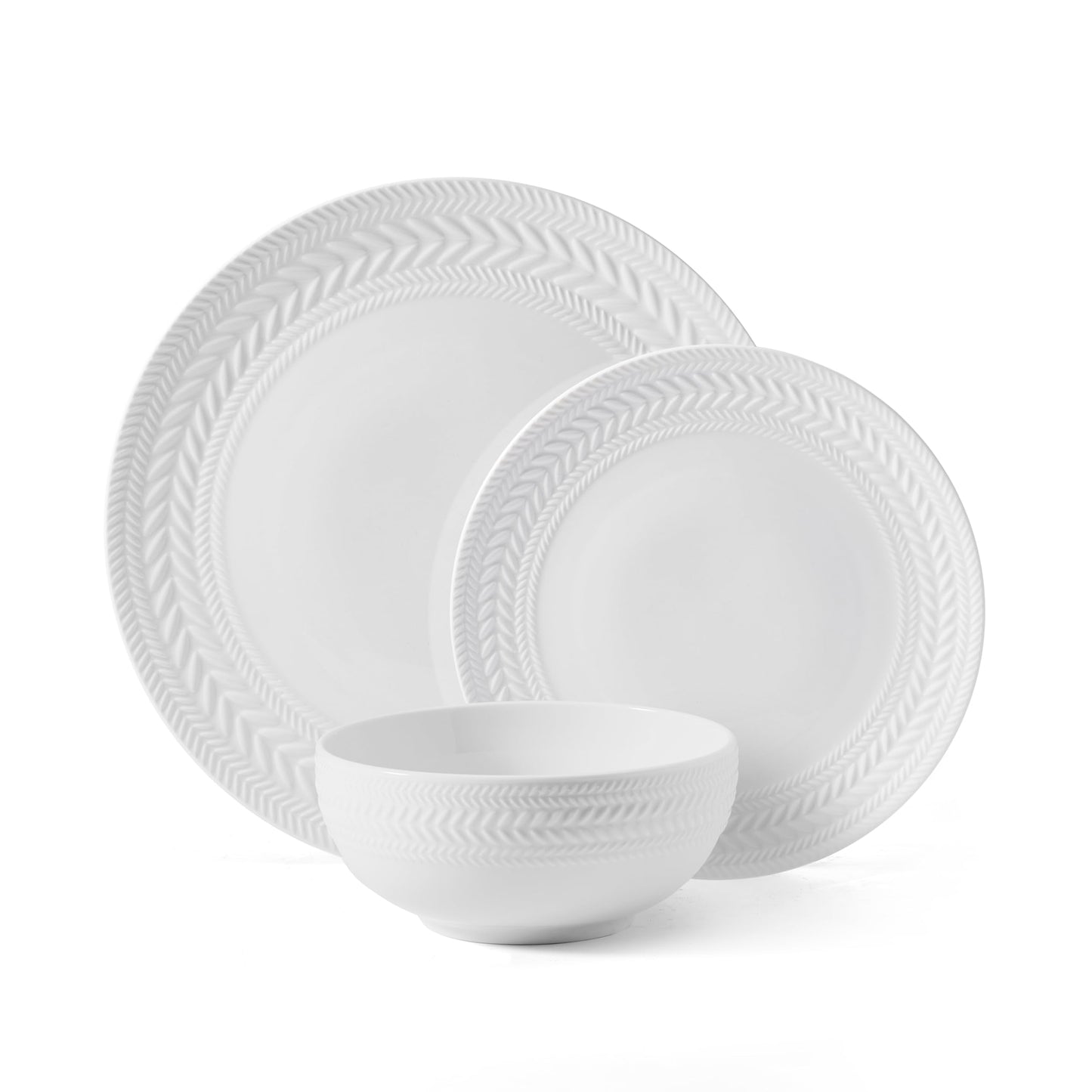 Pfaltzgraff Josephine 24-Piece Dinnerware Set, Porcelain Dish Set with Embossed Basket Weave Design, Service for 8, White Plates and Bowls Sets, Microwave and Dishwasher Safe