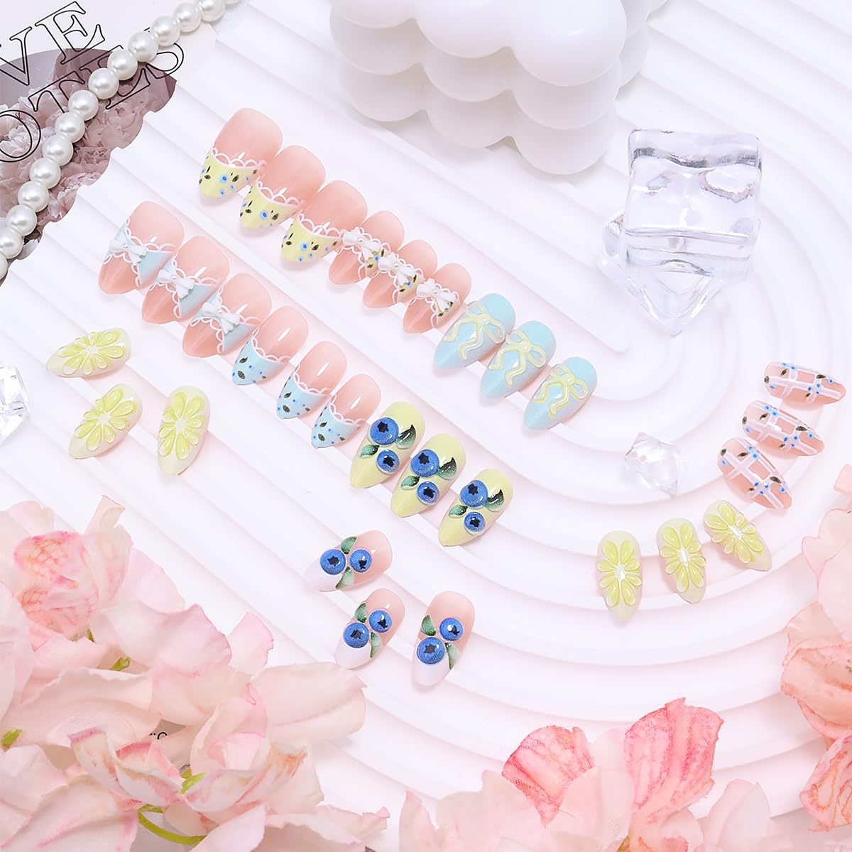 30Pcs Spring French Tip Press On Nails Short Almond Shape 3D Lemon Blueberry Bow Fake Nails Reusable Acrylic False Nails Cute Summer Fruit Themed Stick on Nails for Women DIY Acrylic Nails Kit