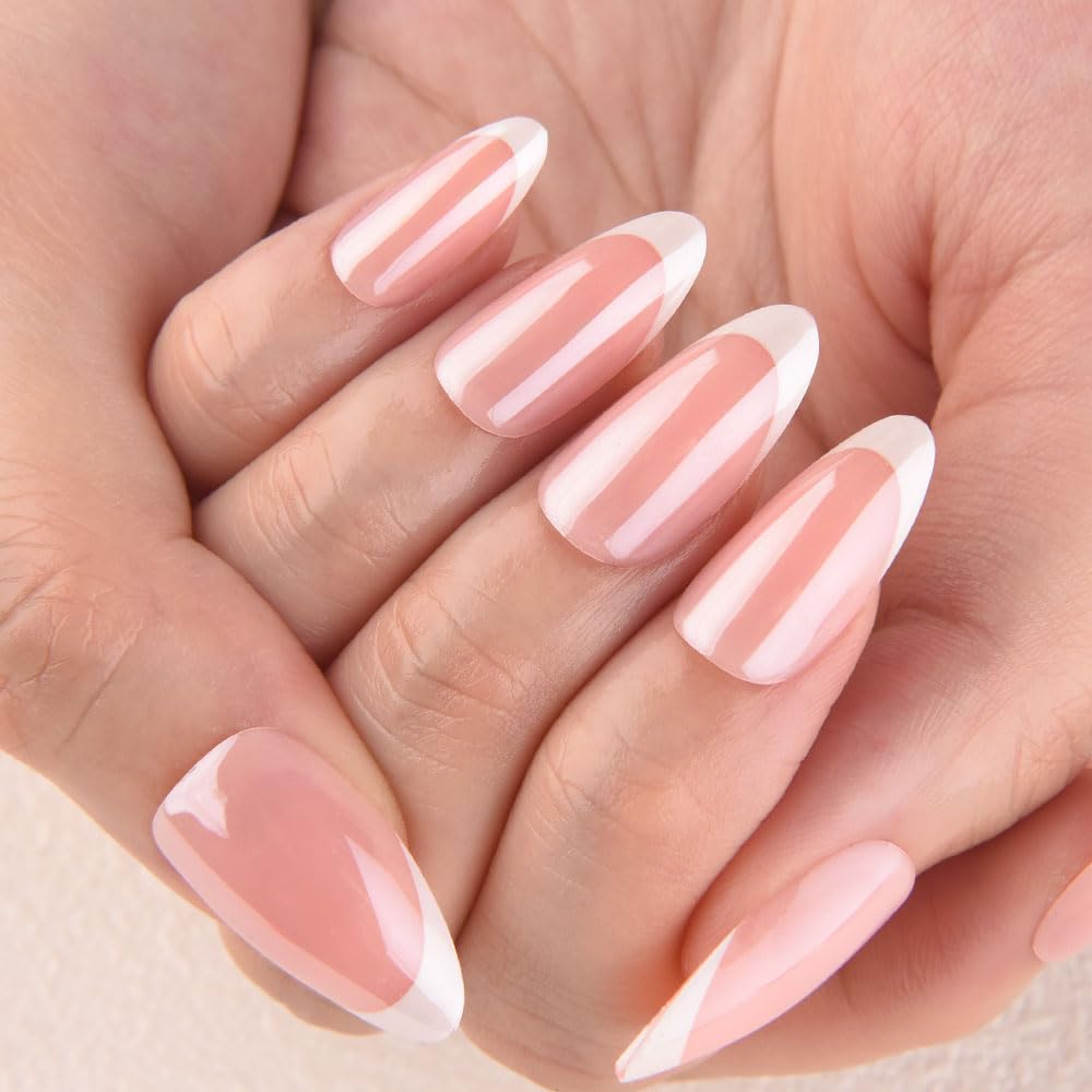 evpct French Tip Press On Nails Almond Medium, Warm Pink + Wihte Tips, Chrome Glazed Glossy Medium Almond Fake False Press on Nails, Reusable Gel Stick on nail Press ons Nail Kit, Salon Quality