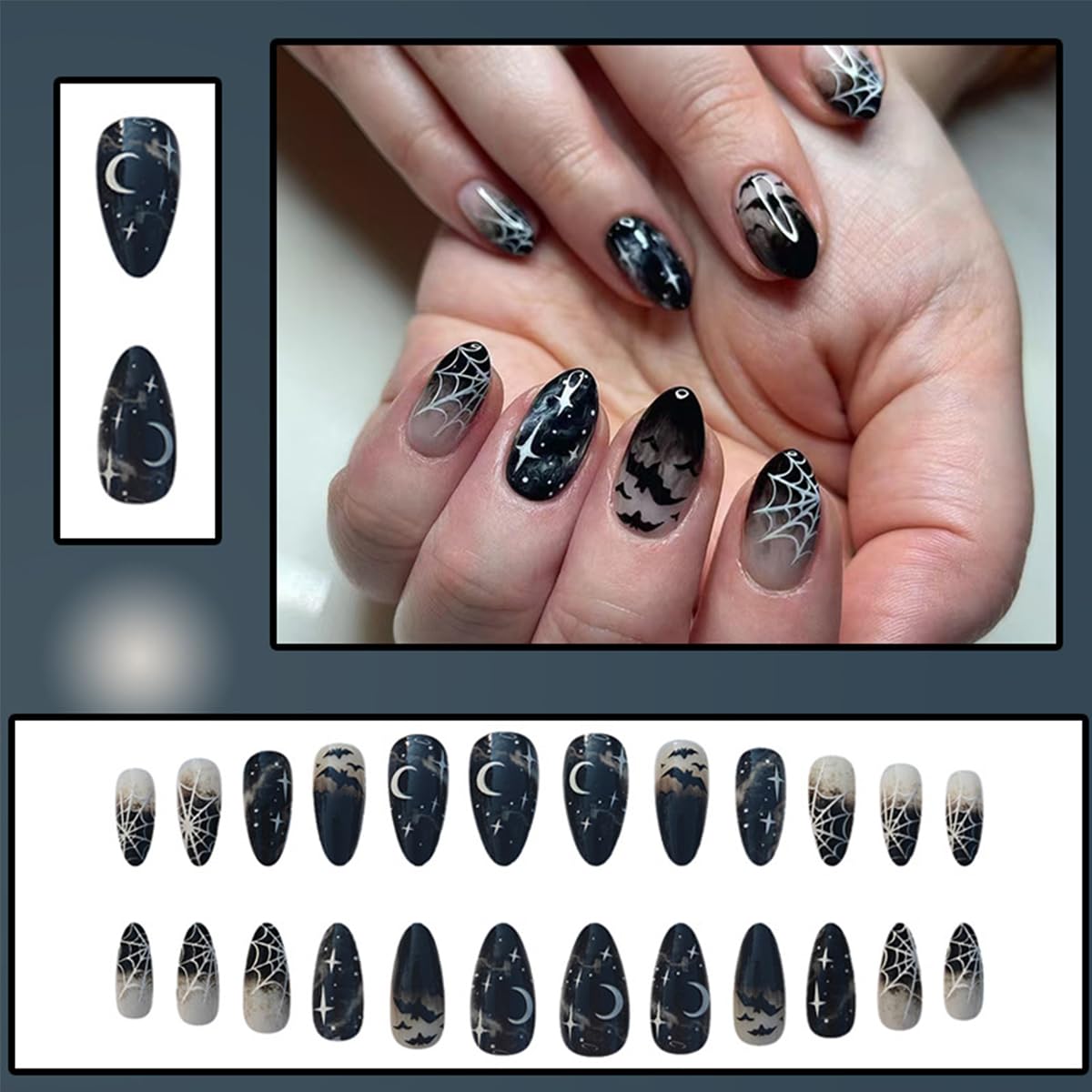24Pcs Halloween Black Bat Press on Nails Medium Almond False Nails with White Spider Web Star Designs Halloween Glue on Nails Gothic Fake Nails Full Cover Glossy Stick on Nail for Women DIY Manicure
