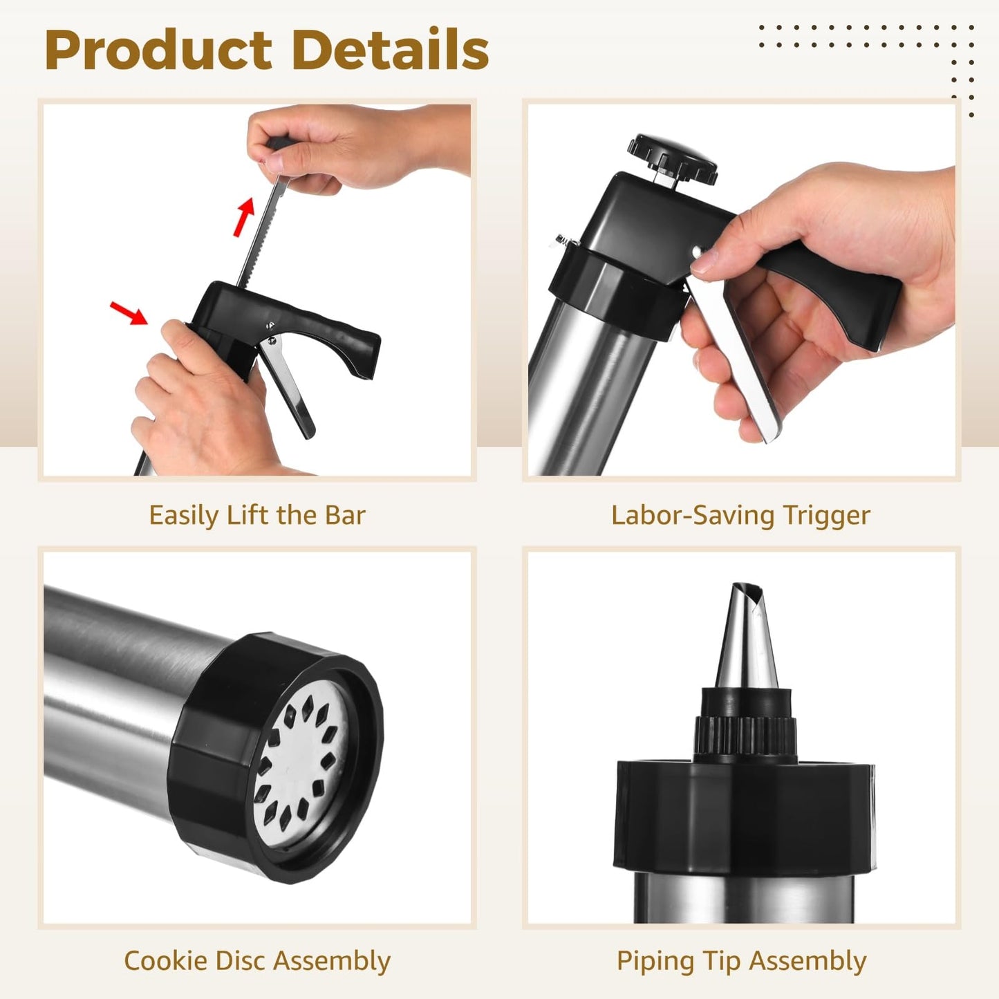 Cookie Press Gun Kit,Stainless Steel Cookie Press for Baking Maker Gun with 13 Discs,8 Piping Tips and Cleaning Brush for DIY Cakes,Dessert