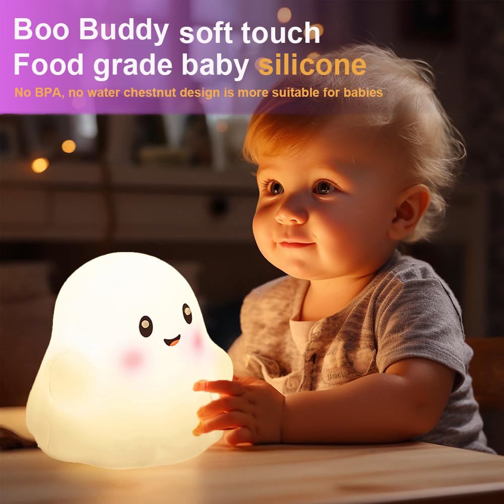 Ghost Night Light for Kids,Halloween Night Light with 13 Interactive Sound Effects ,Cute Silicone Light with 3 Levels of Brightness,Suitable for Indoor Halloween Decorations and Family (white ghost 1)
