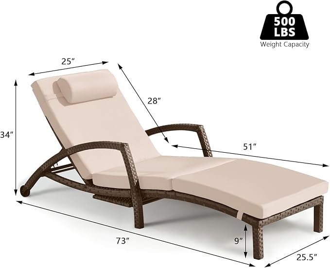 Chaise Lounge Chairs Outdoor Set of 6, Comfy Outside Wicker Patio Pool Lounge Chair w/ 5 Adjustable Back Angle, Cup Holder, Thicken Cushion