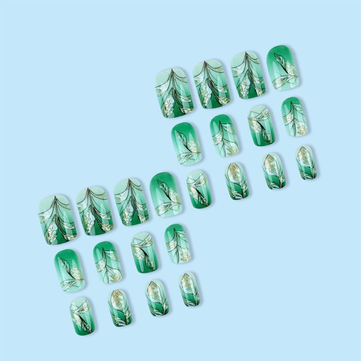Square Fake Nails Short Press On Nails Leaf Glitter With Gradient Design Green False Nails Acrylic Artificial Glossy Full Cover Spring Glue On Nail Summer Stick On Nail For Women 24pcs