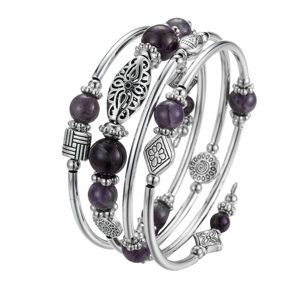 BULINLIN Layered Wrap Bangle Turquoise Bracelet - Bead Bracelet with Natural Agate Stone, Gifts For Women (02-Purple)