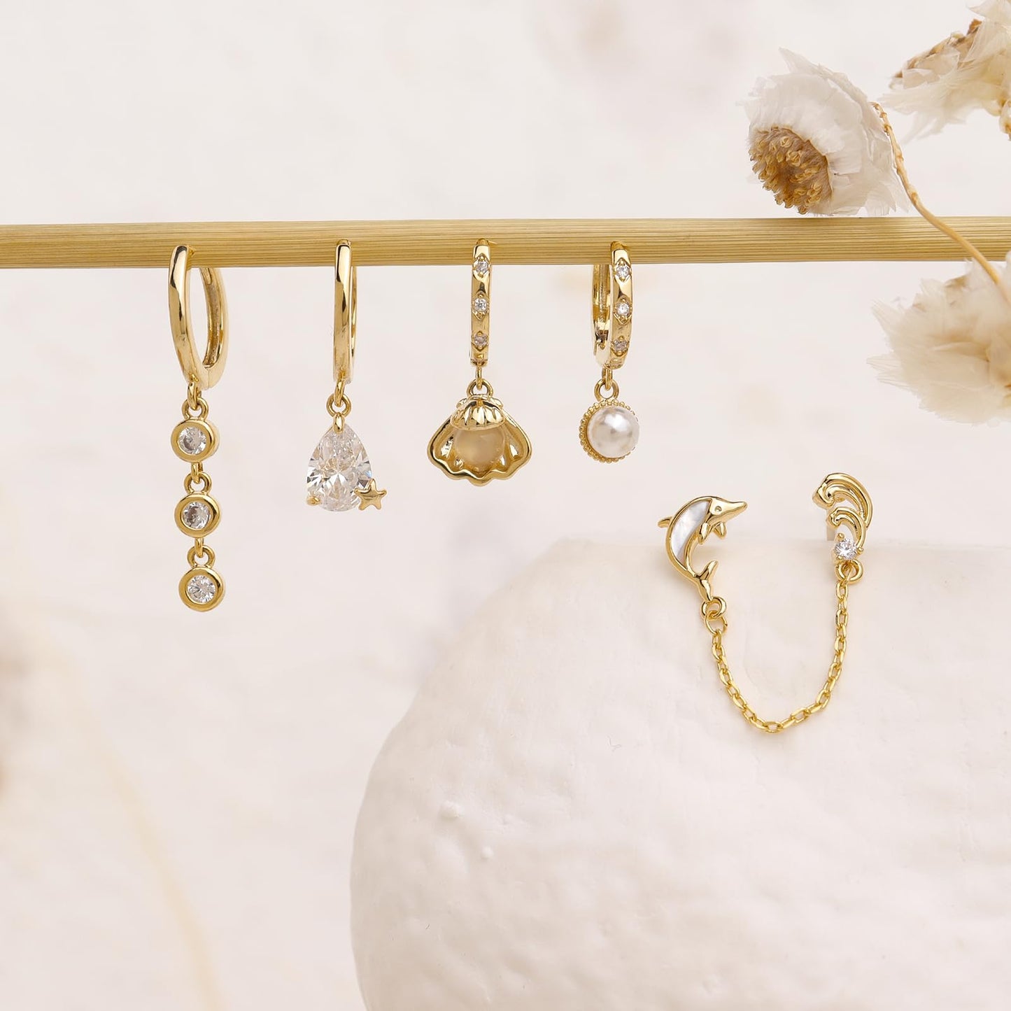Frigotine 3PCS Gold Pearl Hoop Stud Earrings Stack Set for Women, Dainty Rhinestone Teardrop Chain Dolphin Shell Multiple Piercing Cartilage Summer Beach Jewelry Gift