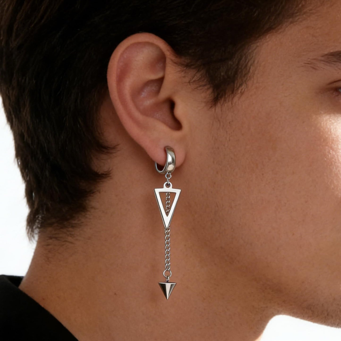 Fusamk Punk Rock Stainless Steel Triangle Ear Clip Earrings Spike Long Chain Dangle Earrings(Silver)