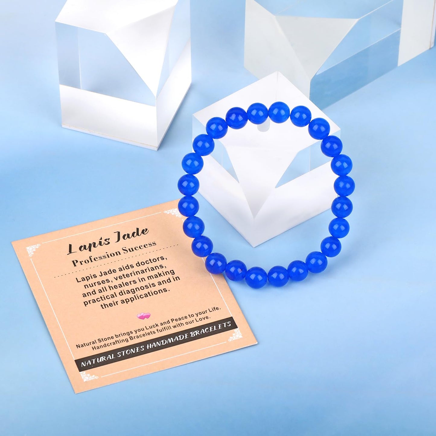 AD Beads Handmade Gemstone Stretch Elastic Bracelet Crystal Healing Reiki Nature's Beauty and Spiritual Essence Unisex (8mm, Blue Lapis Jade (Profession Success))
