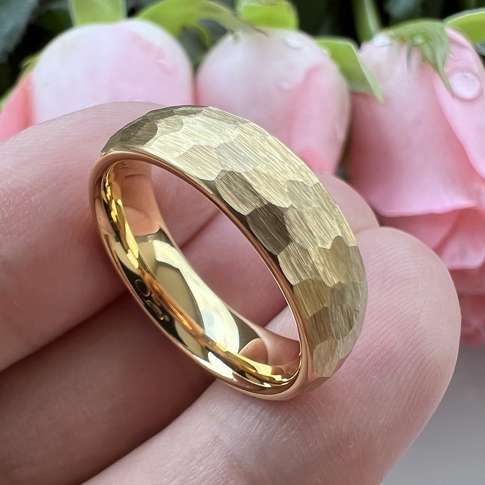 TUTISS 6mm Gold Hammered Tungsten Rings for Men Women Engagement Wedding Bands Domed Matte Finish Comfort Fit Size 7