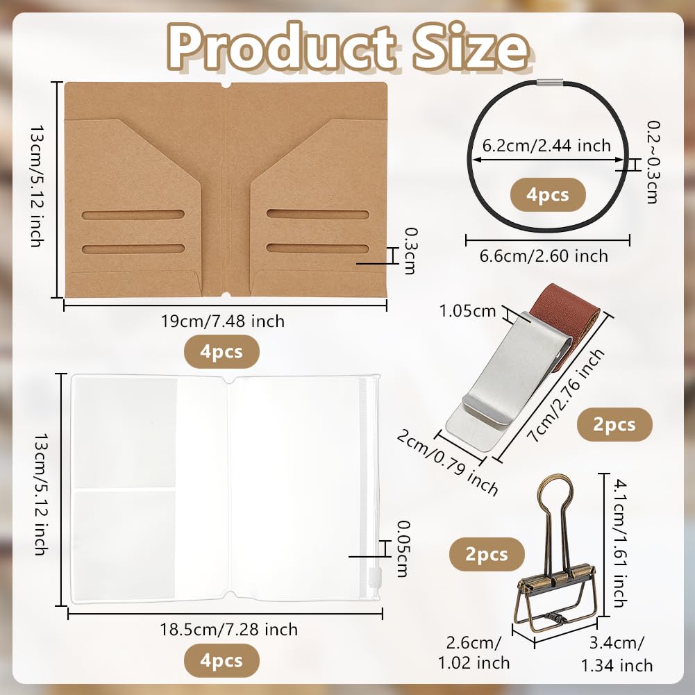 OLYCRAFT 4 Pack Travelers Notebook Accessories Kit Travel Diary Accessory Set Include Travel Kraft File Folder Transparent Bags Rubber Band Pen Clips Loose-Leaf Clips for Diary Passport Organizer