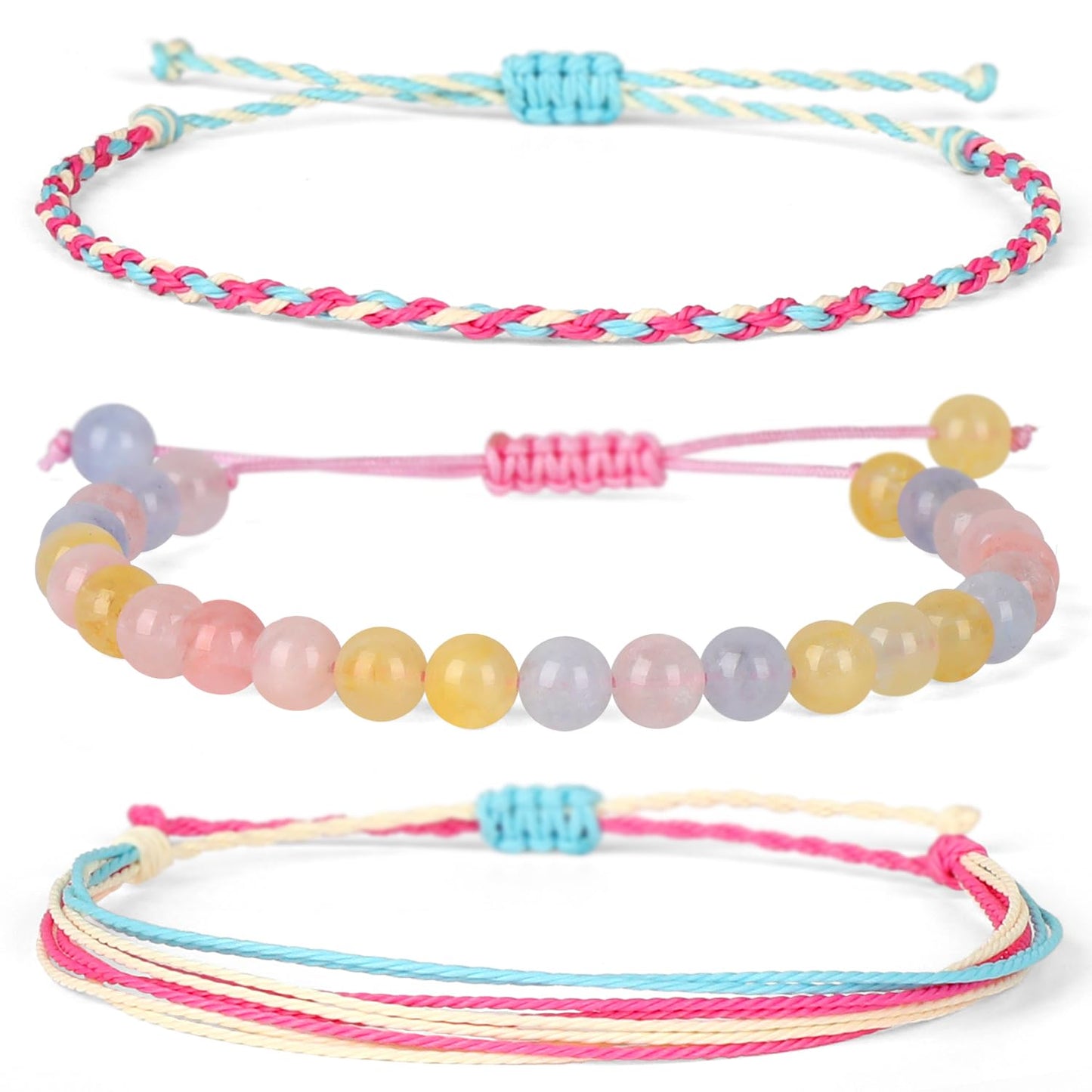 QOGIR Handmade Healing Bracelets,6mm Natural Morganite Gem Stone Beads Bracelet for Men Women Gifts with 2PCS Size Adjustable Rope Bracelets