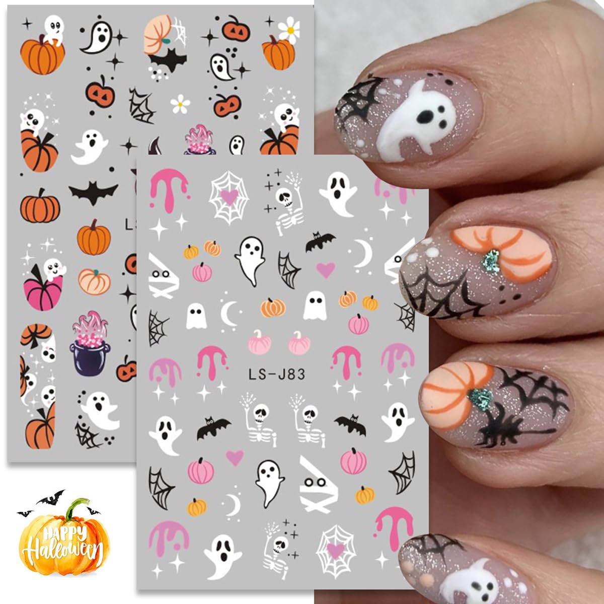 LRKNNO Halloween 3D Nail Stickers, Paper Decals for Women, Ghost, Skull, Pumpkin, Spider, Cat, 6 Sheets