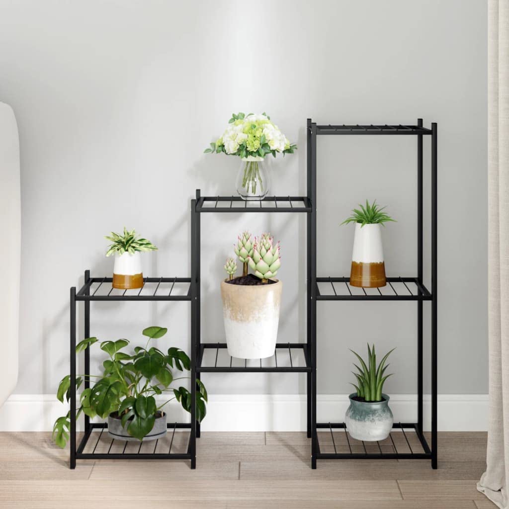 BUKSCYJS Black Powder-coated Iron Flower Stand with 5 Shelves, Medium Plant Display Rack for Indoor Outdoor Use, Space Saving Corner Design for Living Room Balcony, Durable Metal