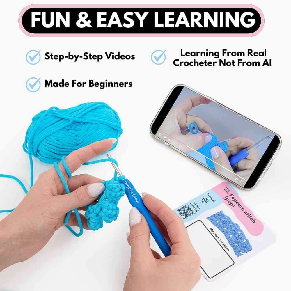 Everything Crochet Stitches Card Deck for Beginners - Learn to Crochet Kit for Adults, Kids & Newbies - 25 Stitch Cards with Step-by-Step Video Tutorials - Crochet Stitch Dictionary & Complete Course