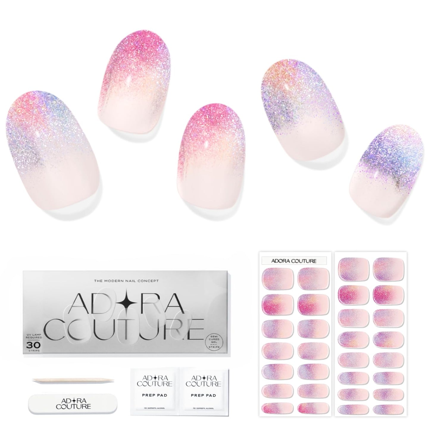 Adora Couture Semi Cured Gel Nail Strips with 30 Pieces - Salon Quality Manicure Kit for Women Easy Application Wraps Includes Prep Pads Nail File Wooden Stick, UV Light Required (Multi Confetti)