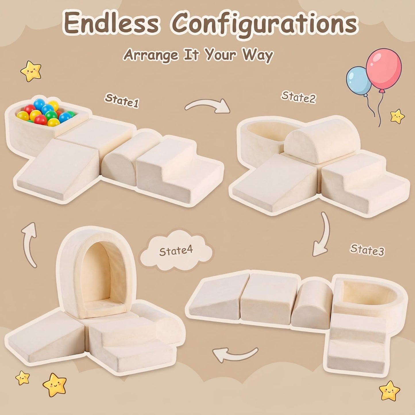 Tiita Foam Climbing Blocks with Small Ball Pit Playground for Baby, Climb and Crawl Playset 5-Piece - Indoor Soft Play Climber for Playtime Fun, Beige