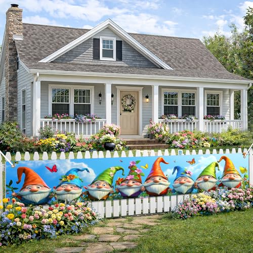 BlissYard Spring Funny Garden Gnome Banner 118x20 Inches Front Door Patio Yard Fence Wall Photo Backdrop Floral Seasonal Party Supplies Photography Spring Summer Outdoor Party Decoration - color: Spring Decorations Banner #001, size: 118x20 Inch