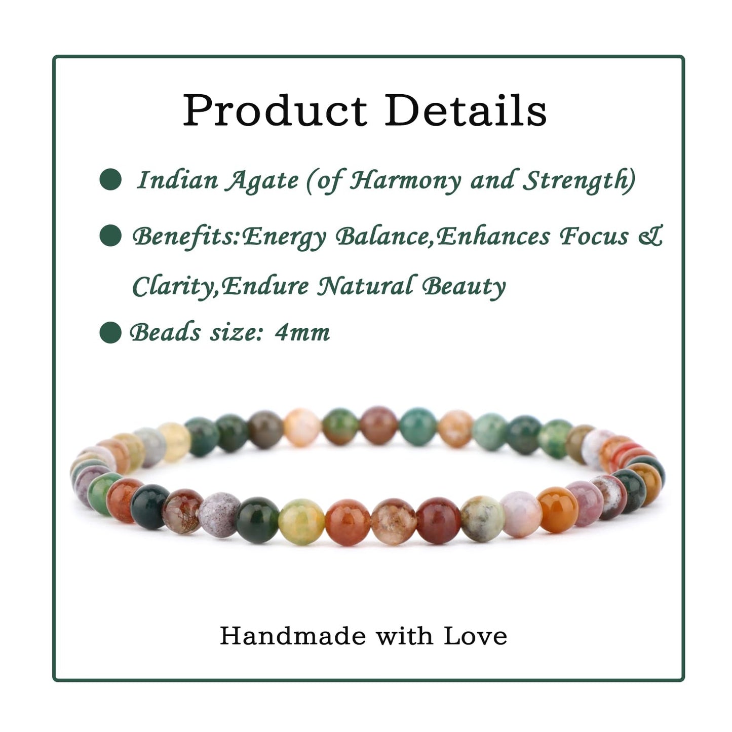Bymitel 4mm Indian Agate - Handmade Reiki Gemstone Stretch Bracelet, Natural Beauty & Spiritual Essence, Crystal Healing for Unisex Adults