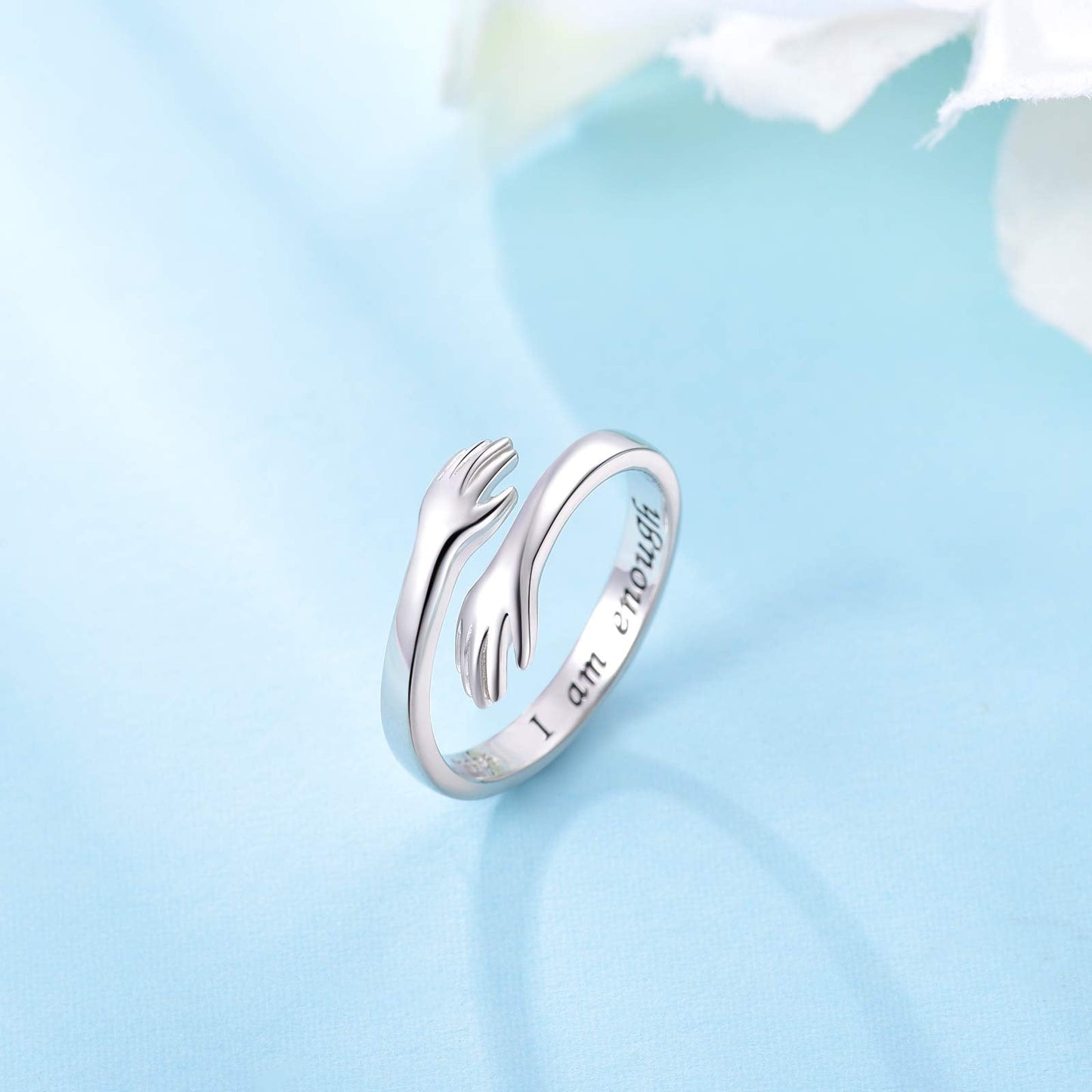 ACJFA Hug Ring 925 Sterling Silver Hugging Hands Adjustable Rings I am Enough Ring Motivational Friend Inspirational Jewelry Encouragement Gift for Women