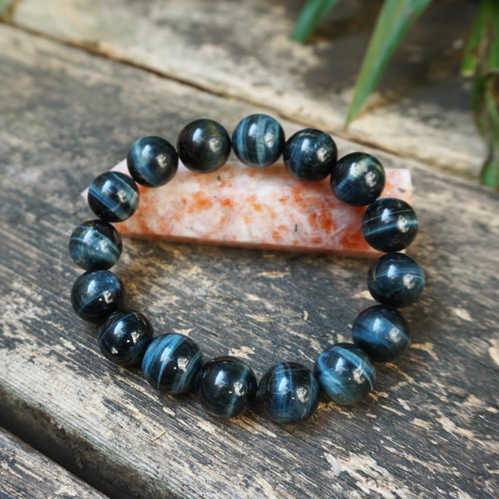 TaHLga Blue Tigers Eye Mens Bracelet 14MM | Fits for About 8" XLarge Wrist | Natural Solar Plexus Chakra Gemstones | Bring Luck Wealth Courage | Protection from Evil | Gift