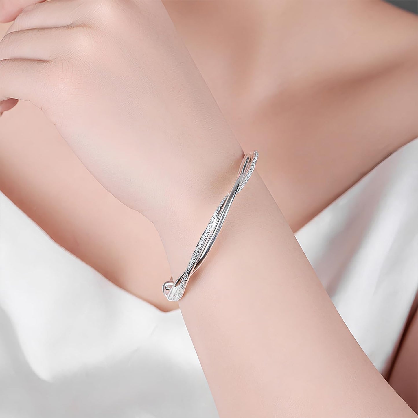 MENGSHA 925 Sterling Silver Cuff Bangles for Women Dainty Cubic Zirconia Morbius Bangle Bracelets Adjustable Cross Twisted Bracelet Shiny Bangle Jewelry for Mom Wife Christmas Day