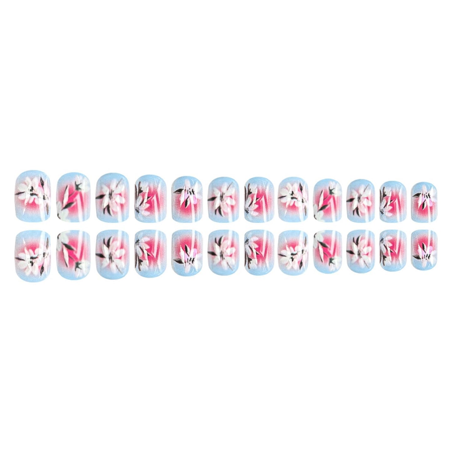 Flower Press On Nails Short Square Fake Nails Blue False Nails With Gradient Design Full Cover Glossy Acrylic Cute Stick On Nail Spring Glue On Nail For Women Manicure Art 24pcs