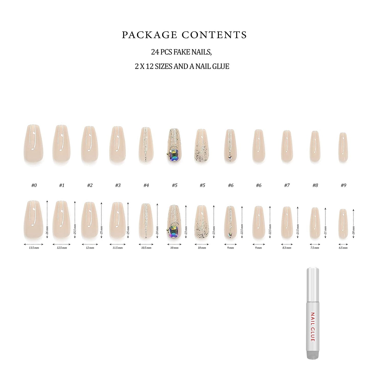 Hypnaughty 24 Pcs Jewels Rhinestone and Ombre Glitter Nude Luxury Coffin Bling Press on Nails with Design and Glue Medium Long Nude False Nails with Gems (Jewels)