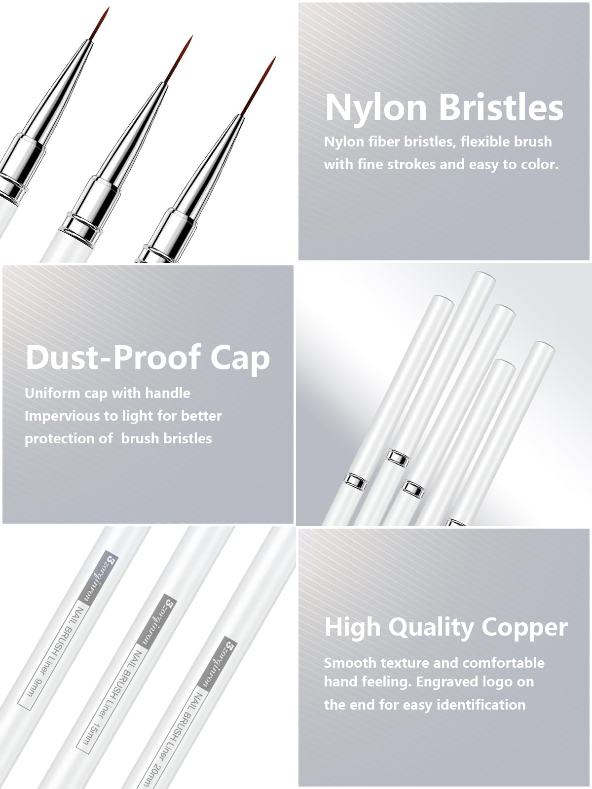 Nail Liner Brush, Fine Line Nail art Brushes 5/9/15/20/25mm Thin Line Nail Brushes Detail Drawing, Liner Brush for Nails Gel (White)